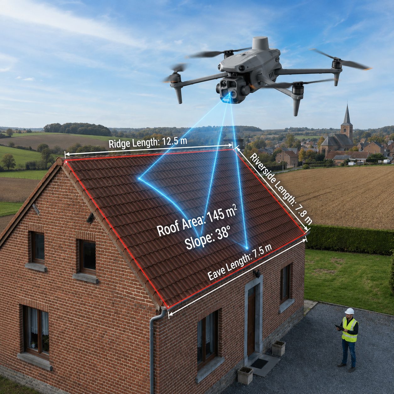 Dron zaměřuje střechu domu – vizualizace měření rozměrů, plochy a sklonu střechy