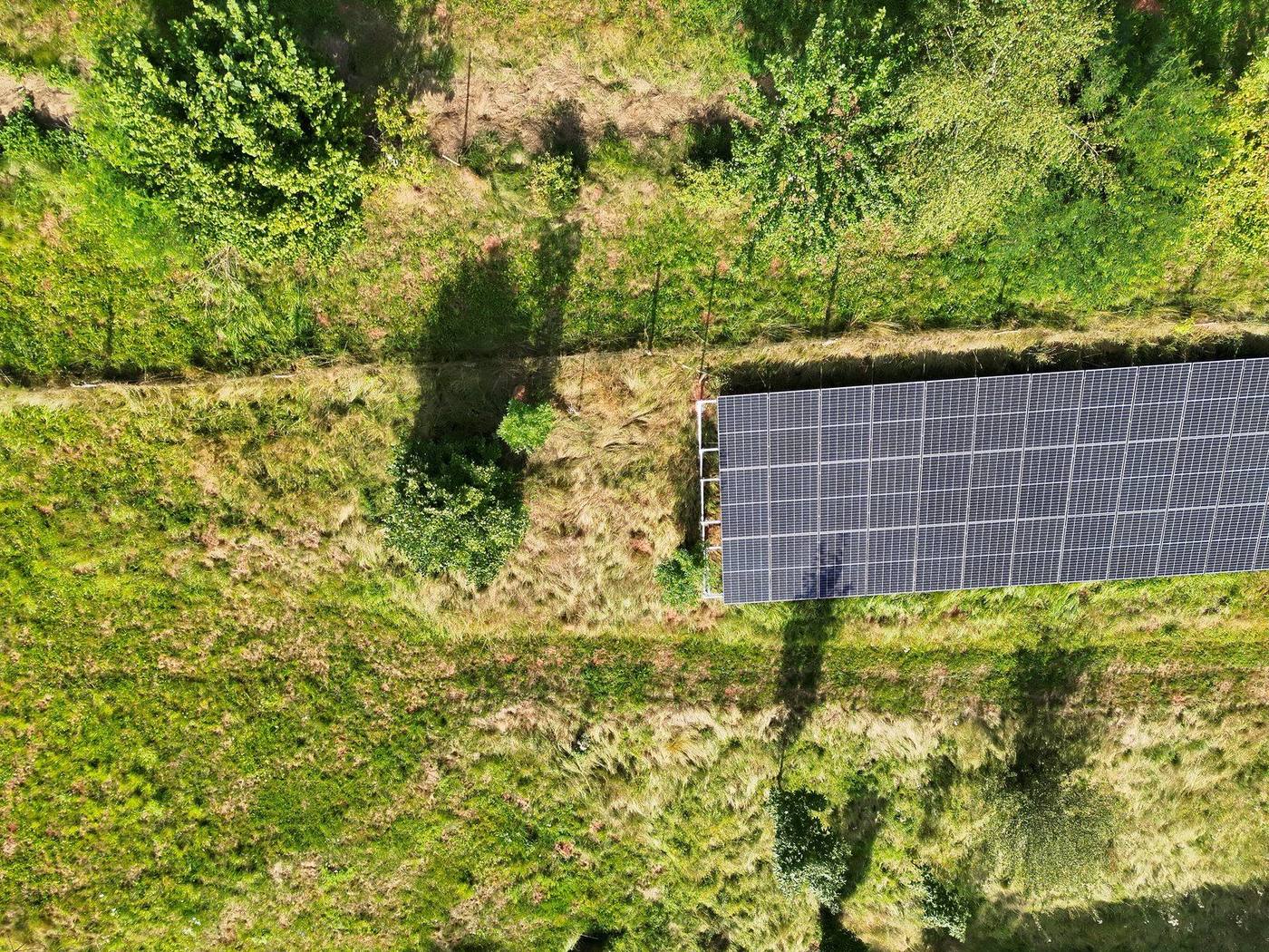Pozemní fotovoltaická elektrárna na louce, stín okolních stromů zasahuje na krajní panely