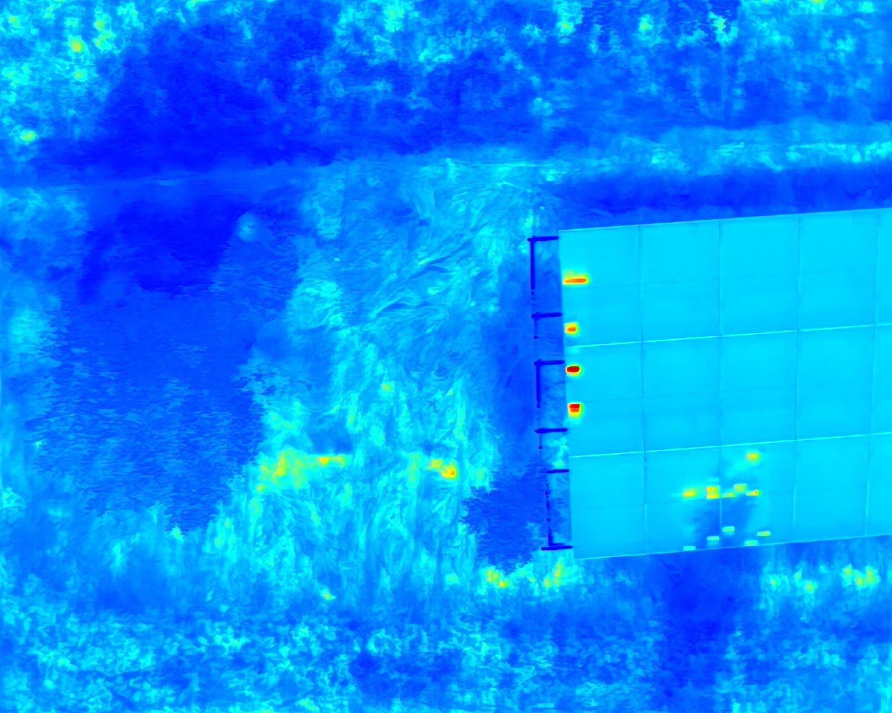 Termovizní snímek téže elektrárny z dronu – přehřátá místa (hotspoty) na zastíněných panelech svítí červeně